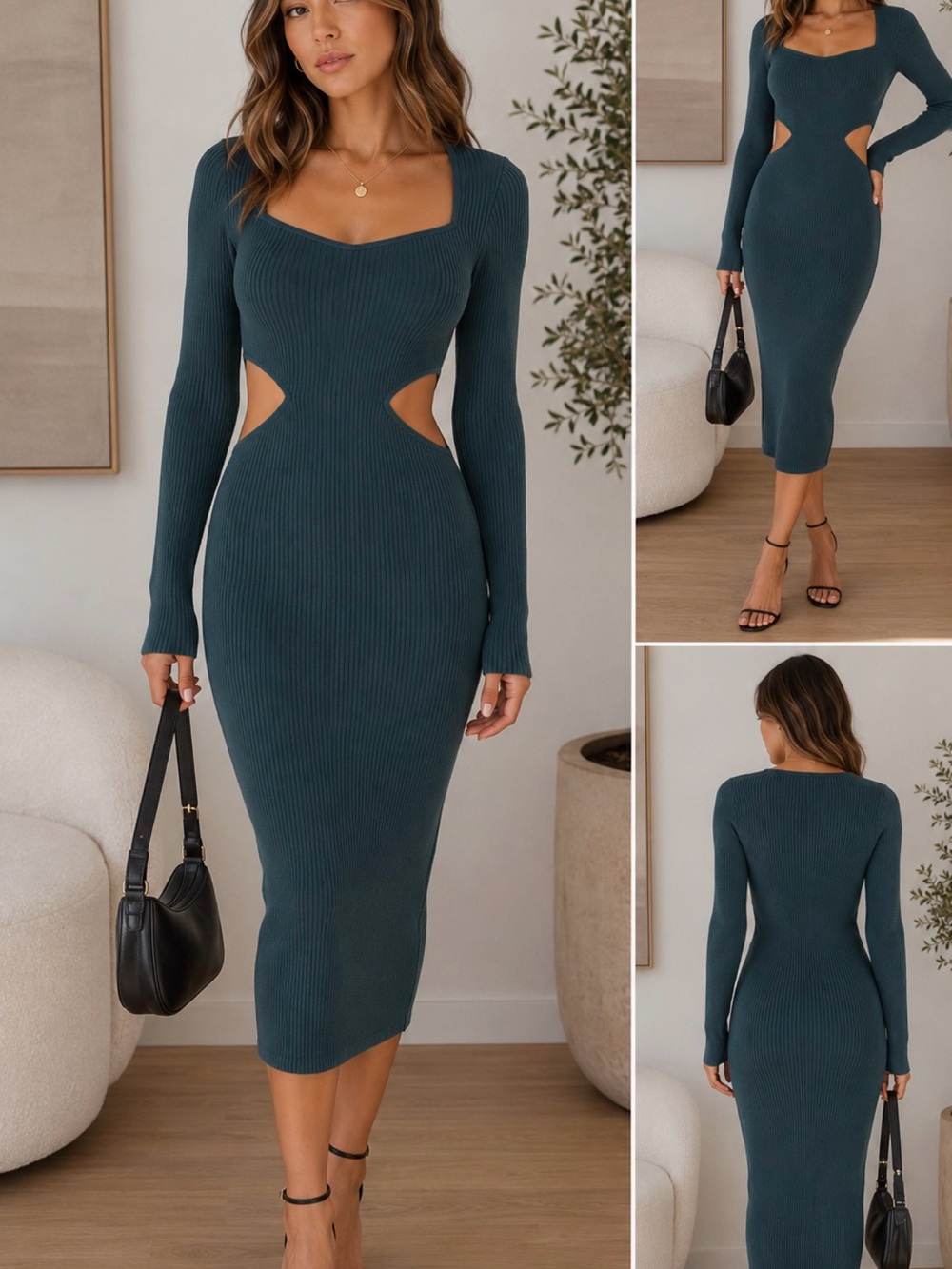 Abercrombie & Fitch Forest Green Ribbed Knit Cutout Midi Dress small